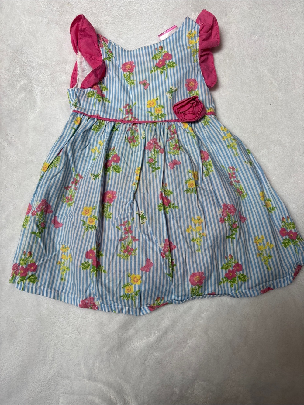 Girls Blue Striped Floral Dress with Pink Accents